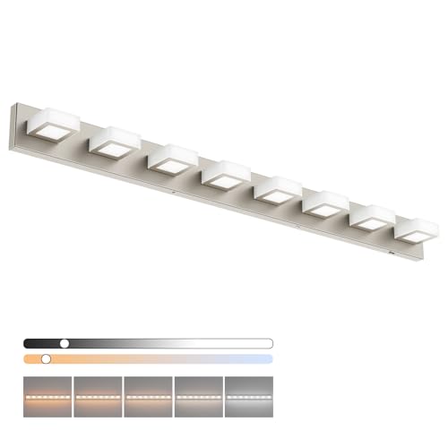 52inch Brushed Nickel Vanity Lights 8 Lights Dimmable 5 Color Temperature Acrylic Modern LED Bathroom Vanity Lighting Fixtures Brushed Nickel