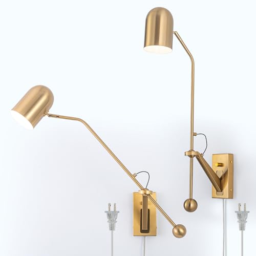Gold Swing Arms Wall Lamp Plug in Reading Light Modern Sconces Adjustable Wall Mounted Light Fixture for Bedside Living Room Bedroom (2 Count)