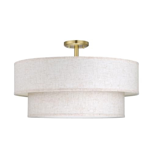 2 Tier 22" Cream Drum Fabric 5 Light Gold Semi Flush Mount Ceiling Light for Living Room Dining Room Bedroom Hallway