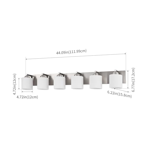 6 Light Brushed Nickel Bathroom Vanity Light with White Glass Shades