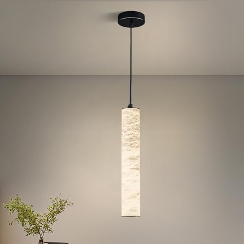 Natural Alabaster Pendant Lights for Kitchen Island White Marble Long Tube Chandelier 4000K Modern Black Ceiling Light Fixtures for Bedroom Dining Room Table Living Room Hallway