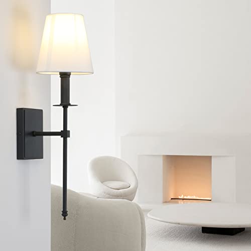 Set of 2 Classic Rustic Industrial Wall Sconce Lighting Fixture with Flared White Textile Lamp Shade and Black Tapered Column Stand (2 Count)