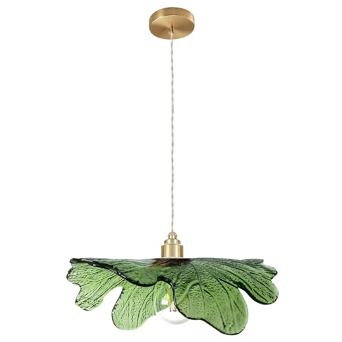 15.7" Green Glass Floral Ceiling Pendant Light Mid Century Large Hanging Light Gold Adjustable Cord Single Pendant for Kitchen Living Room Dining Table