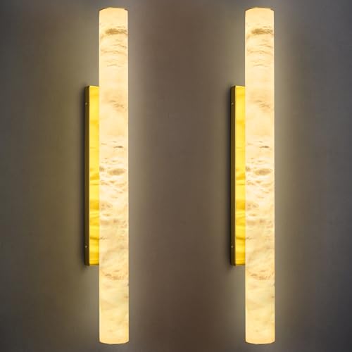 Natural Alabaster Wall Sconces Set of Two Spanish Marble Wall Light Cylinder Modern Gold LED Sconce for Living Room Bedroom Bathroo Stairs（L (2 Count)