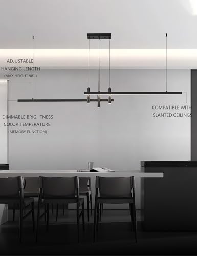 83" Modern Black Linear Pendant Lights Kitchen Island Lighting Minimalist Led Chandeliers Pool Table Light Dimmable Ceiling Hanging Light Fixture Dining Room with Remote Control