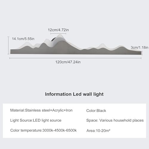 Wall Sconce with Remote Control 47.2inch Dimmable LED Wall Lights Black Led Wall Sconce Indoor Mountain Shape Wall Lamps for Living Room Bedroom Hallway