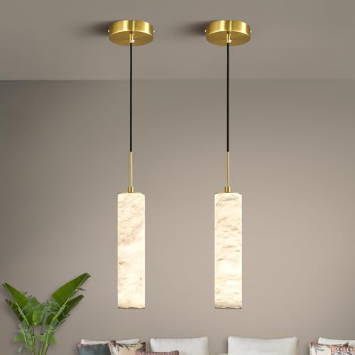 Natural Alabaster Pendant Lights for Kitchen Island White Marble Long Tube Chandelier Modern 4000K Gold Ceiling Light Fixtures for Bedroom Dining Room Table Living Room Hallway (2 Count)