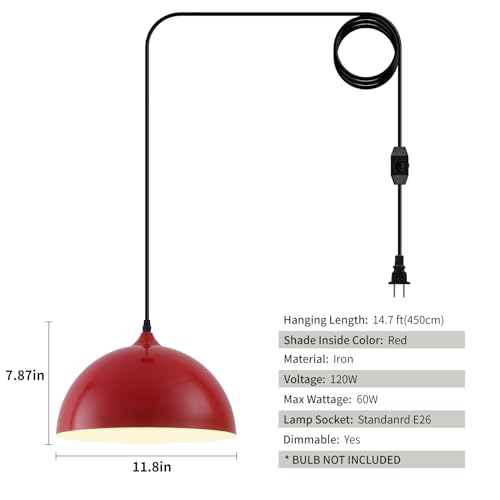 Red Plug in Pendant Light 2 Packs 11.8inch 14.7 ft (2 Count)