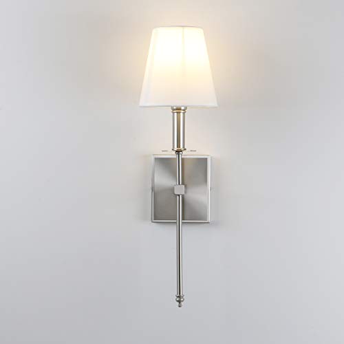Set of 2 Classic Rustic Industrial Wall Sconce Lighting Fixture with Flared White Textile Lamp Shade and Brushed Tapered Column Stand (2 Count)