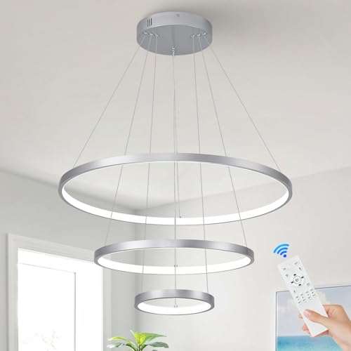 Modern Silver LED Chandeliers 3 Rings Chandelier 23.6" Dimmable LED Pendant Light Fixture Remote Control Contemporary Flush Mount Chandelier for Dining Room Bedroom Foyer