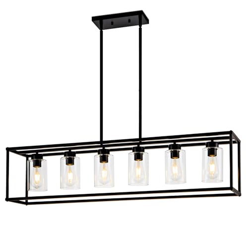 6 Light Dining Room Light Fixture Black Farmhouse Chandelier Kitchen Island Pendant Lighting Rectangle Modern Industrial Living Room Hanging Lights Adjustable Height