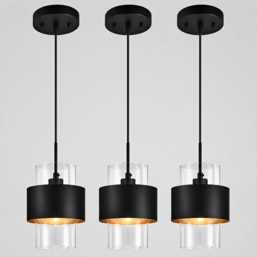 Modern Black Pendant Lighting Indoor Kitchen Island Pendant Light Glass Shade Ceiling Light Fixtures for Bedroom Dining Room Living Room (3 Count)