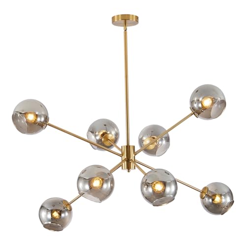 Modern Vintage Globe Sputnik Chandelier Gold Smoked Gray Glass Light Fixture Large 8 Light Mid Century Brushed Brass Pendant Light Kitchen Island Contemporary Ball Hanging Lamp