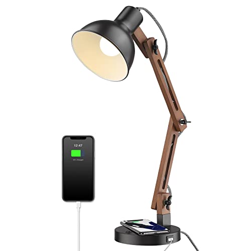 Modern Sapele Wood Desk Lamp with Upgraded Wireless Charger & USB C Charging Port Swing Arm Table Lamp Bedside Reading Task Light for Dorm Office Bedroom Living Room LED Bulb Included Black