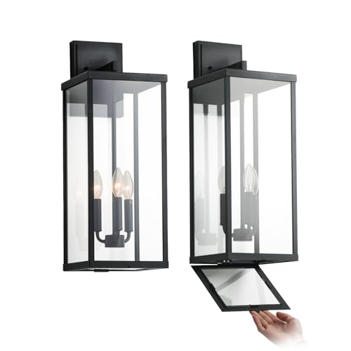 24" Classic Outdoor Wall Sconce 3 Lights in Matte Black Rectangular Metal Frame and Clear Glass Shade Waterproof Porch Light Patio Light Pack of 2 (2 Count)