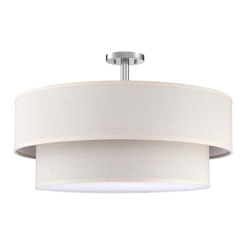 5 Light 24" Cream Fabric Brushed Nickel Semi Flush Mount Close to Ceiling Light Fixture