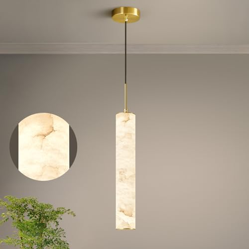 Natural Alabaster Pendant Lights for Kitchen Island White Marble Long Tube Chandelier 4000K Modern Gold Ceiling Light Fixtures for Bedroom Dining Room Table Living Room Hallway