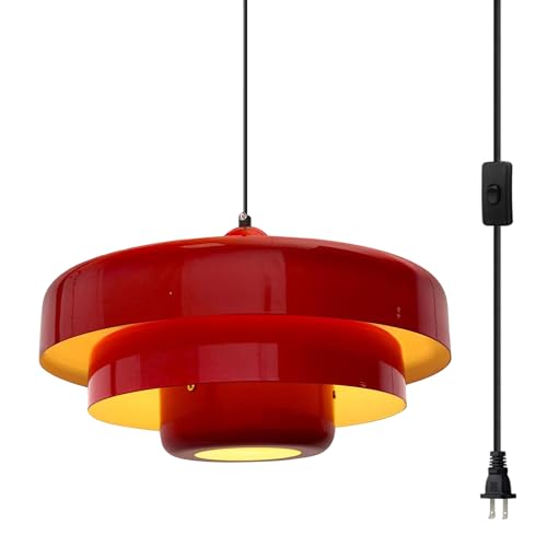 Hanging Lamp Plug in Red Pendant Light Fixtures Mid Century Modern Pendant Lamp Nordic Style Pendant Lighting Metal Shade for Living Room Dining Room Bedroom Kitchen Island