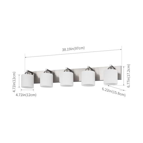 5 Light Brushed Nickel Bathroom Vanity Light with White Glass Shades