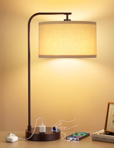 Brown Table Lamp for Bedroom with USB Port and Outlet