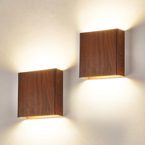 2 Pack Indoor Outdoor Walnut Wood Grain Up and Down LED Wall Light (2 Count)