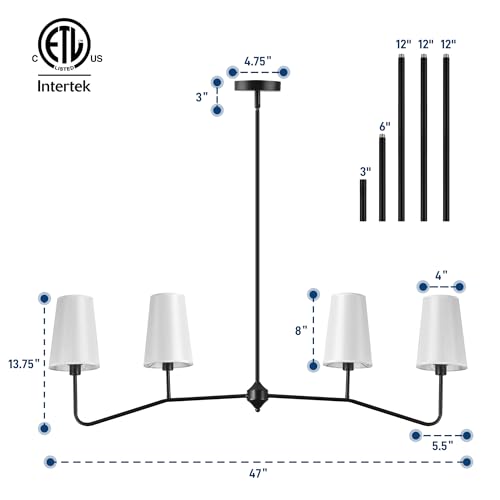 47" Modern Linear Chandelier, 4-Light Black Pendant Light with Fabric Shades, Adjustable Height Ceiling Light Fixture for Kitchen Island, Dining Room, Living Room, Bedroom, ETL Listed