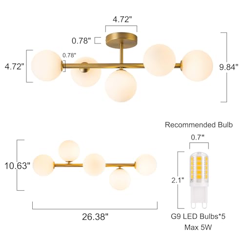 5 Light Semi Flush Mount Ceiling Light Frosted Globe