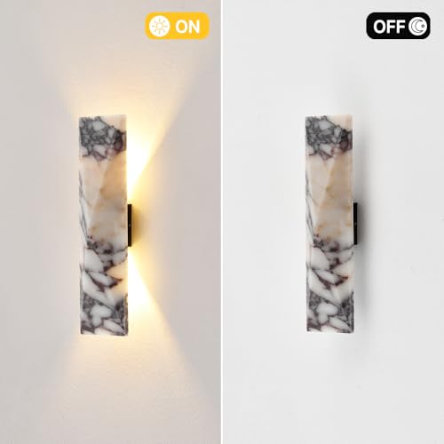 2 Pack 12.6in Natural Alabaster Marble Wall Sconce LED Waterproof Outdoor Indoor Wall Lamp Nordic Up Down Light Fixture Hardwired Metal Base 18W 3000K Universal Voltage for Porch Bedroom Living Room