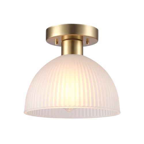 1-Light Semi-Flush Mount Ceiling Light, Matte Brass Finish, Frosted Ribbed Glass Shade, Dimmable, E26 Base, Modern Glam Design, 66000129