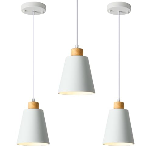 3 Pack Mini White Pendant Light for Kitchen Island Wood Pendant Lighting (3 Count)