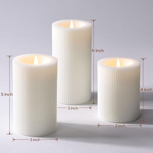 White Ribbed Moving Flame Flameless Pillar Candles with Remote (White)