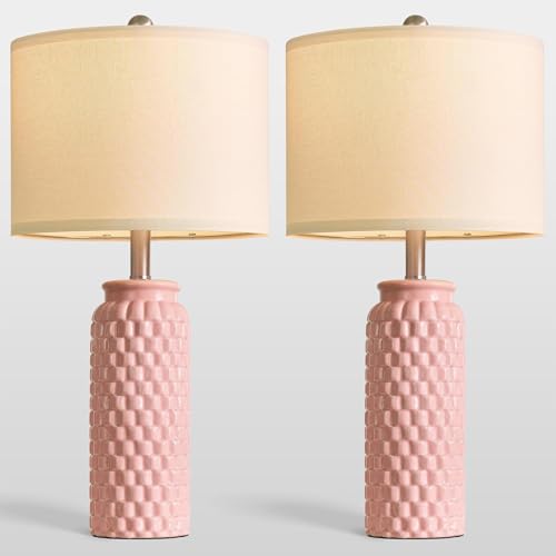 24" Modern Ceramic Pink Bedside Lamp Set of 2 Table Lamp for Bedroom Decor Farmhouse Table Lamp for Living Room Office Dorm (2 Count)