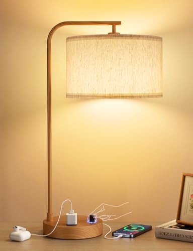 Wood Table Lamp for Bedroom with USB Port and Outlet