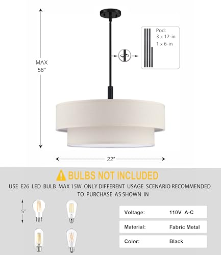 5 Light 22 Inch Cream Fabric Shade Hanging Pendant Ceiling Light Fixture