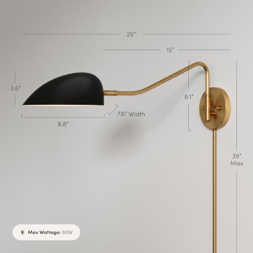 Bilson Plug in Wall Sconce with Black Dome Shade and Brass Swing Arm