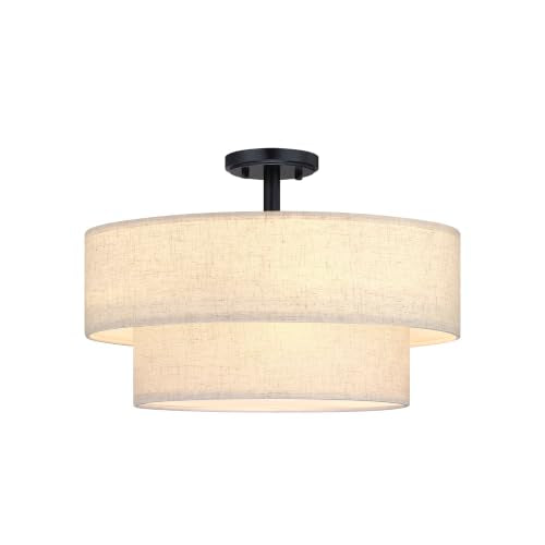 2 Tier 18" Cream Drum Fabric 4 Light Black Semi Flush Mount Ceiling Light for Living Room Dining Room Bedroom Hallway