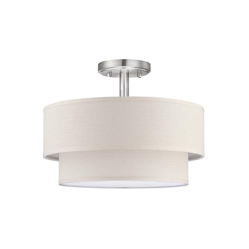 3 Light 12" Cream Fabric Brushed Nickel Semi Flush Mount Close to Ceiling Light Fixture