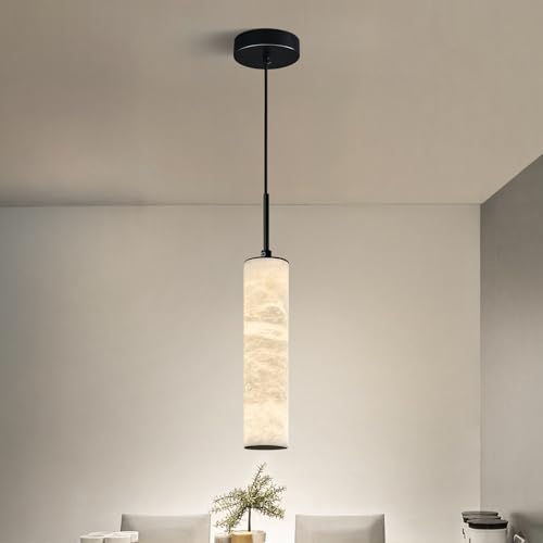 Natural Alabaster Pendant Lights for Kitchen Island White Marble Long Tube Chandelier 4000K Modern Black Ceiling Light Fixtures for Bedroom Dining Room Table Living Room Hallway
