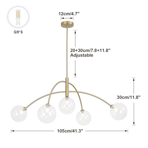 5 Light Modern Brass Chandelier Fixture White Clear Globe Glass Shade Pendant Light Gold Kitchen Ceiling Large Chandelier for Dining Room Kitchen Bedroom