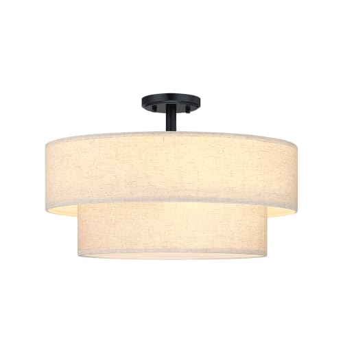 2 Tier 20" Cream Drum Fabric 4 Light Black Semi Flush Mount Ceiling Light for Living Room Dining Room Bedroom Hallway
