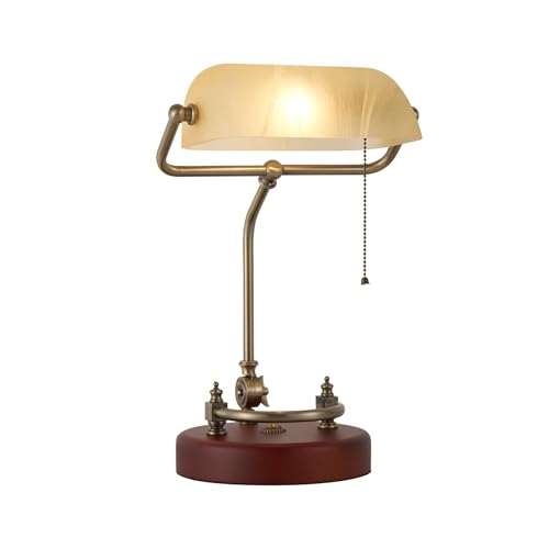 Bankers Lamp Traditional White Glass Desk Lamp Solid Wood Pull Chain Switch