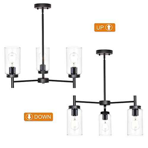 Farmhouse Chandeliers Black 3 Lights with Clear Glass Shades Modern Industrial Pendant Light Dining Room Lighting Fixtures Hanging Adjustable Wire Semi Flush Ceiling Lights