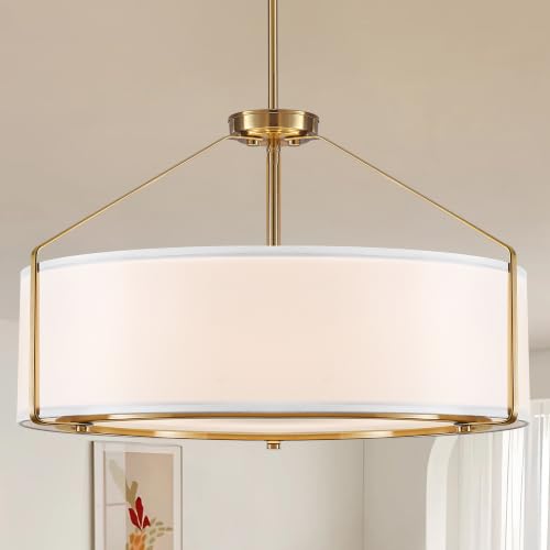 23Inches Drum Chandelier Large Gold & White Pendant Lights for Dining Room