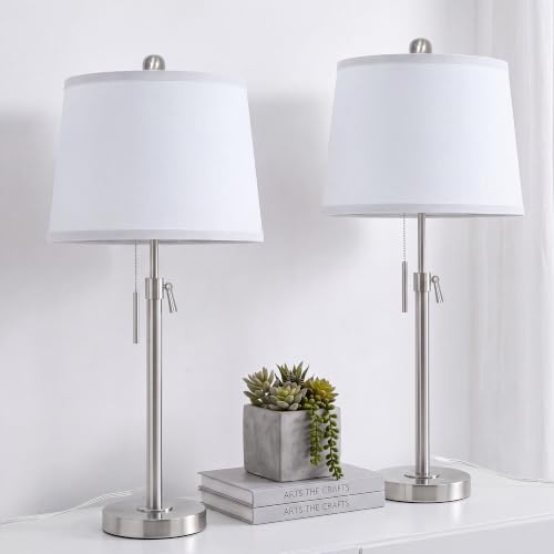 Brushed Nickel Modern Table Lamps Set of 2 Adjustable Height 22" to 30" Silver Nightstand with White Linen Shade 3 Brightness Way Pull Chain Switch Bedside Lamps for Living Room Office (2 Count)
