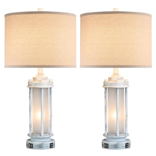 25" Set of 2 Antique White Rustic Table Lamps 2 USB C+A Ports (2 Count)
