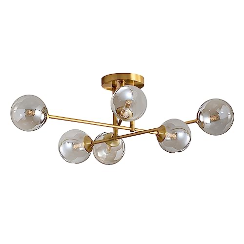 Modern 6 Lights Globe Sputnik Flush Mount Ceiling Light Fixture Mid Century Gold Metal Semi Flush Mount Ceiling Light Farmhouse Smoke Gray Glass Bedroom Ceiling Lamp