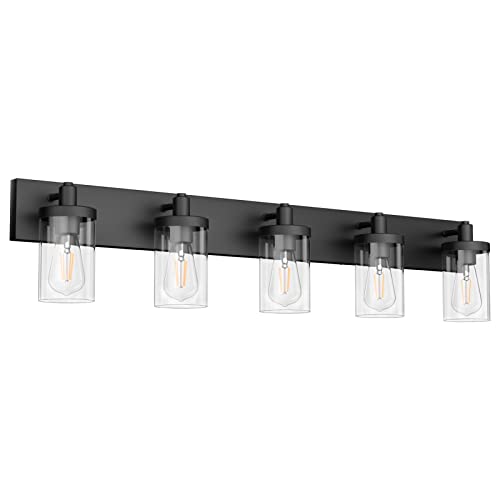 Matte Black Bathroom Vanity Light Fixtures 5 Lights Industrial Lighting Fixtures Over Mirror with Clear Glass Shade