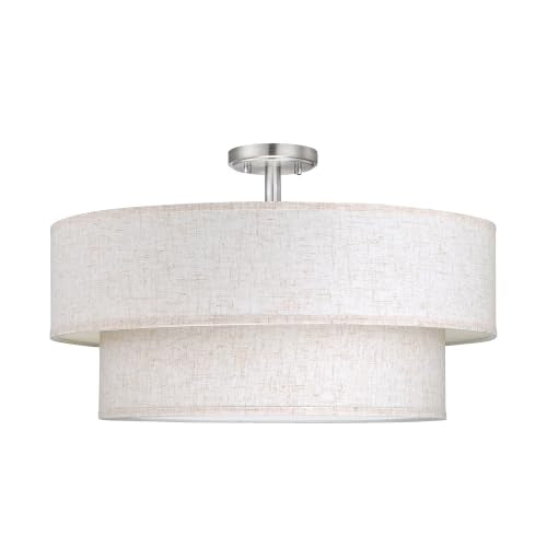 2 Tier 22" Cream Drum Fabric 5 Light Brushed Nickel Semi Flush Mount Ceiling Light for Living Room Dining Room Bedroom Hallway