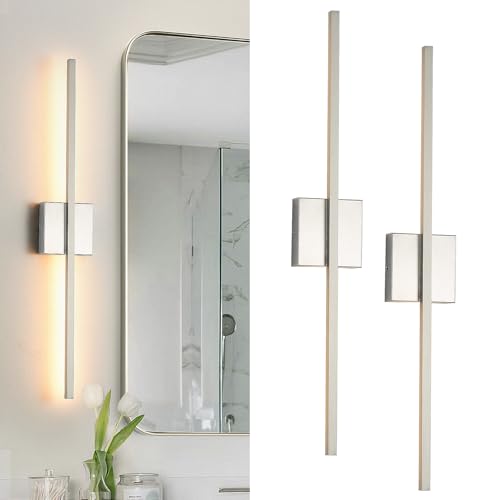 Nickel Wall Sconces Set of Two LED Hardwired Dimmable Bathroom