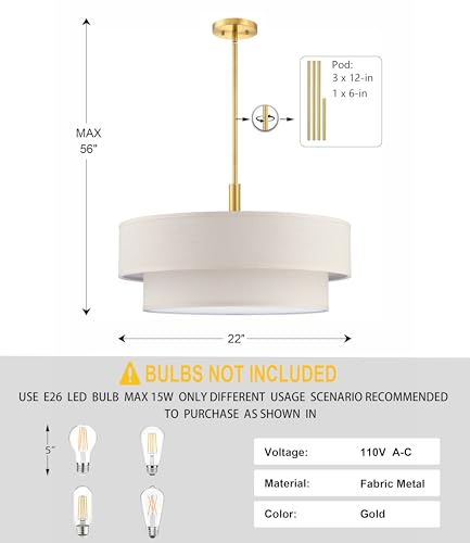 5 Light 22 Inch Cream Fabric Shade Hanging Pendant Ceiling Light Fixture